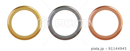 Set of gold, cilver and copper metal grommet rings for paper, card, tag, sticker or hanger isolated on white background 91144945