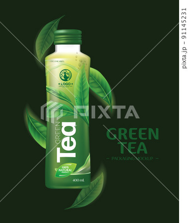Green Tea Drink Packaging Mockup. Realistic green tea leaves background for advertising poster. Vector illustration 91145231