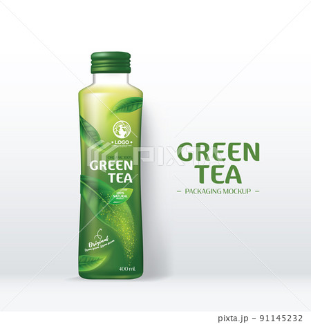 Green Tea Drink Packaging Mockup. Realistic green tea leaves background for advertising poster. Vector illustration 91145232