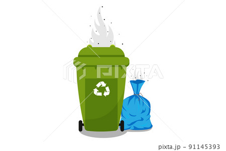 Trash can with piles of garbage. Bad smell and insects. Isolated on white background. 91145393