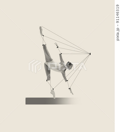 Contemporary art collage with tender young woman, ballerina dancing isolated over grey background. Line art design Contemporary art collage with tender young woman, ballerina dancing isolated over grey background. Line art design 91146319