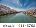 満開の桜が咲く弘前公園の西濠の風景 91146768