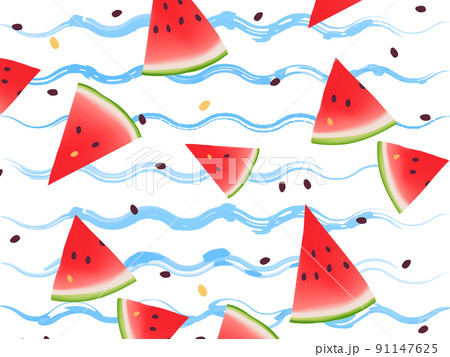 水彩タッチの青い波線と カットしたスイカと種のパターン背景素材のイラスト素材