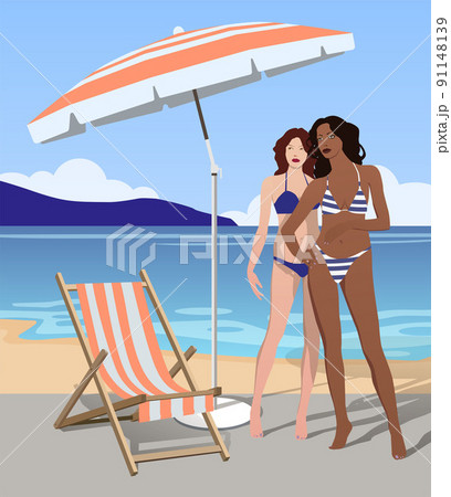 Girls on the seashore under an umbrella near a sun lounger. Vector. Girls on the seashore under an umbrella near a sun lounger. Vector. 91148139