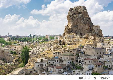Ortahisar Fortress Cappadocia. Ancient buildings underground city. Housing in the rock Turkey. 91149857