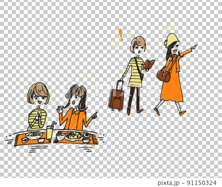 A delicious lunch color version with two women going out a little 91150324