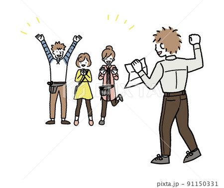 行きつけのお店の美容師さんに、やっと採れた内定を報告する男性　カラーバージョン 91150331