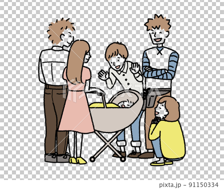 出産の報告をして、赤ちゃんを見せる夫婦 カラーバージョン 出産の報告をして、赤ちゃんを見せる夫婦 カラーバージョン 91150334
