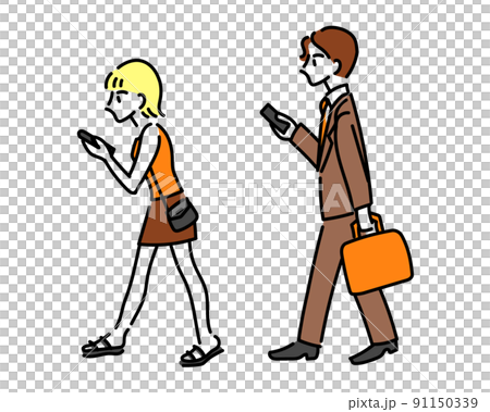 Color illustrations of men and women who walk smartphones Color illustrations of men and women who walk smartphones 91150339