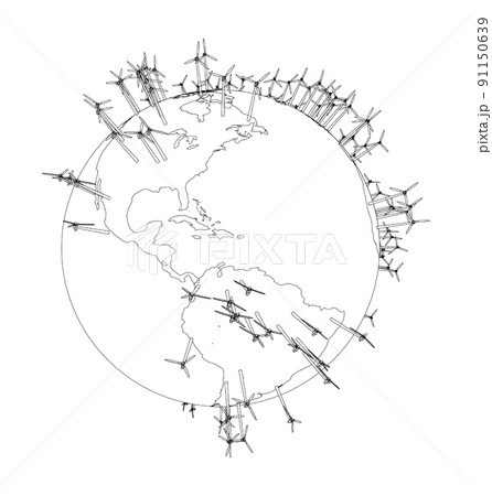 Electric wind turbines on Earth. Vector 91150639