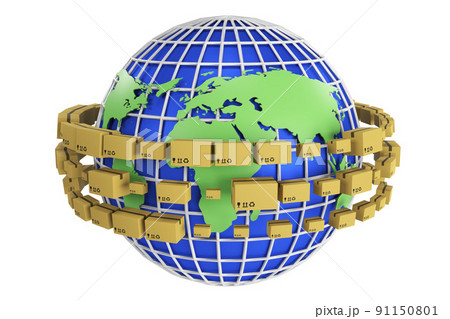 Packages delivery, packaging service and parcels transportation system concept, cardboard boxes on Global map. 3D rendering 91150801
