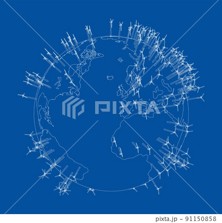 Electric wind turbines on Earth. Vector 91150858