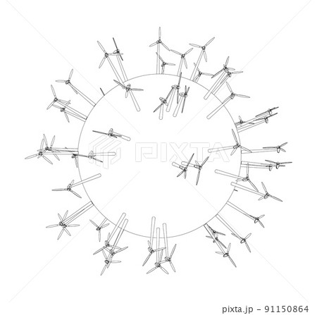 Electric wind turbines on round planet. Vector 91150864