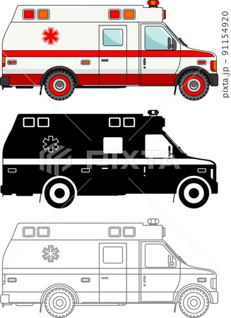 Different kind ambulance cars isolated on white background in flat style: colored, black silhouette and contour. Vector illustration Different kind ambulance cars isolated on white background in flat style: colored, black silhouette and contour. Vector illustration 91154920