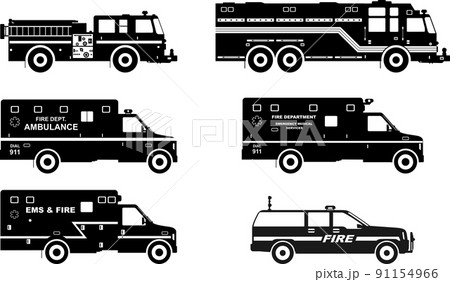 Set of different silhouettes fire trucks and ambulance cars. Vector illustration. 91154966