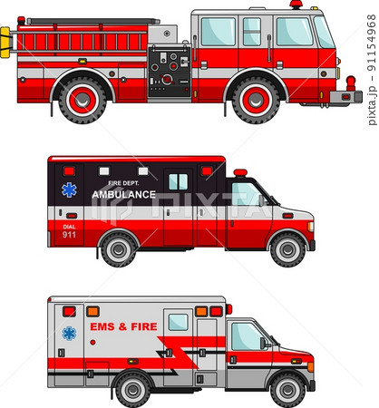 Fire truck and ambulance cars isolated on white background in flat style 91154968