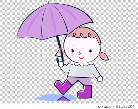 一個穿著雨具的女孩在雨天打著傘 91156204