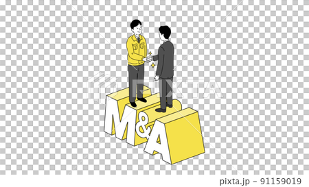 M&Aの文字の上で握手する中年経営者のイラスト、ベクター 91159019