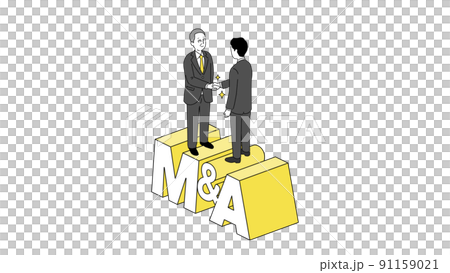 M&Aの文字の上で握手するシニア経営者のイラスト、ベクター 91159021