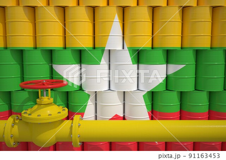 Many barrels with petrochemicals with flag of Myanmar and gas pipe. 3d rendering 91163453
