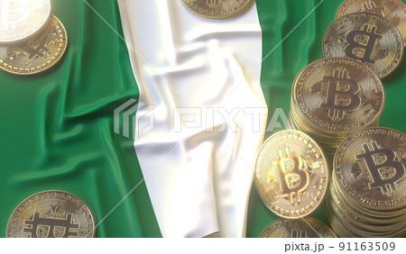 Bitcoin tokens and flag of Nigeria. Cryptocurrency related 3D rendering Bitcoin tokens and flag of Nigeria. Cryptocurrency related 3D rendering 91163509