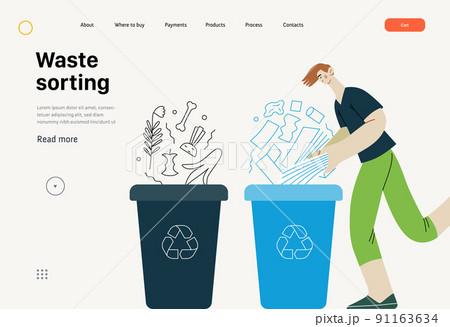 Ecology - Waste sorting -Modern flat vector concept illustration of a young man putting a paper journals into the garbage container for paper waste. Creative landing web page template 91163634