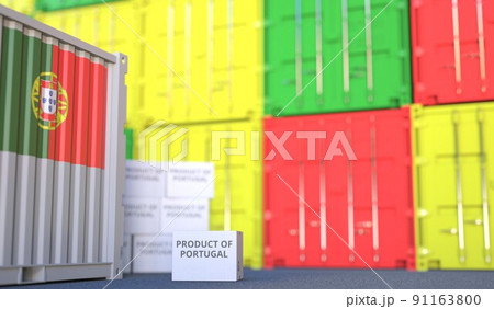 Box with PRODUCT OF PORTUGAL text and cargo containers. 3D rendering Box with PRODUCT OF PORTUGAL text and cargo containers. 3D rendering 91163800