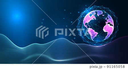 Concept of metaverse world with planet Earth globe on fantasy space landscape in futuristic style 91165058