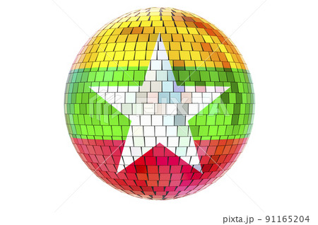 Mirror disco ball with Myanmar flag, 3D rendering Mirror disco ball with Myanmar flag, 3D rendering 91165204