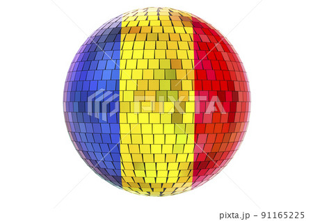Mirror disco ball with Romanian flag, 3D rendering Mirror disco ball with Romanian flag, 3D rendering 91165225
