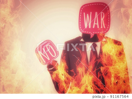 戦争反対のメッセージボードを掲げた人の3Dイラスト 91167564
