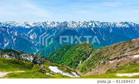初夏の燕岳登山（燕山荘から双六岳・三俣蓮華岳・鷲羽岳・水晶岳・野口五郎岳・三ッ岳の眺め） 91169427