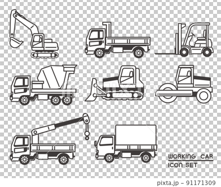 ショベルカーやブルドーザーなどの働く車のアイコンのベクターイラスト素材／重機／建設／働く車 91171309