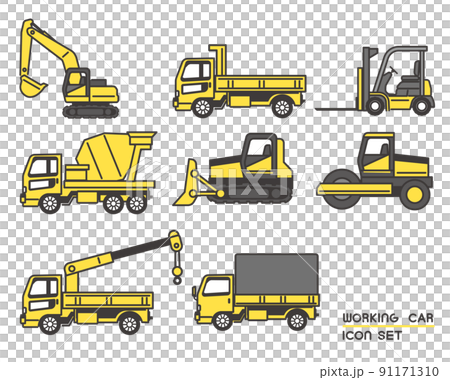 ショベルカーやブルドーザーなどの働く車のアイコンのベクターイラスト素材／重機／建設／働く車 91171310