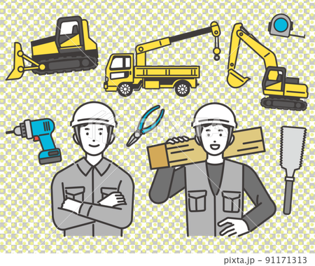 大工や作業員と重機や工具のアイコンのベクターイラスト素材／車／工事／重機／建設 91171313