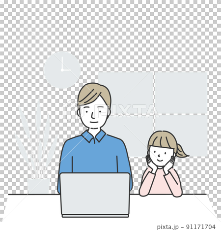 リモートワークをする父親と隣で見ている女の子 91171704