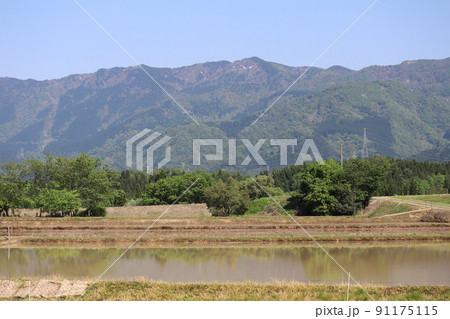 青空と山と緑に樹々の森と水をはった水田のある田舎の風景 青空と山と緑に樹々の森と水をはった水田のある田舎の風景 91175115