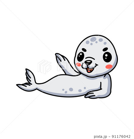 Cute white little seal cartoon	 91176042