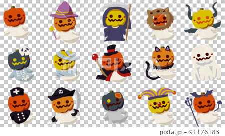 カボチャのお化けが仮装しているハロウィンのイラスト素材 91176183