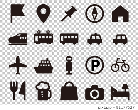 旅行交通ガイドマップ関連アイコンのセット_モノクロ 旅行交通ガイドマップ関連アイコンのセット_モノクロ 91177527