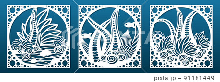 Decorative panels laser cnc cut stencil. Paper cut, wall art, coasters, room privacy screen, tile for home interior design. Underwater world, seashells, weeds and reefs. Vector illustration 91181449