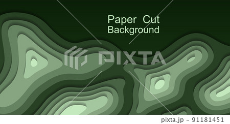 Paper cut topography background. Green area relief map with hills and mountain, or islands in ocean. Origami 3d multi layers. Modern trandy paper design for banner. Vector illustration 91181451