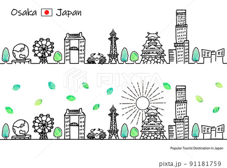 夏の大阪の観光地の街並みと太陽のシンプル線画セット（New） 91181759