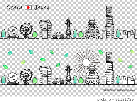 夏の大阪の観光地の街並みと太陽のシンプル線画セット（New） 91181759