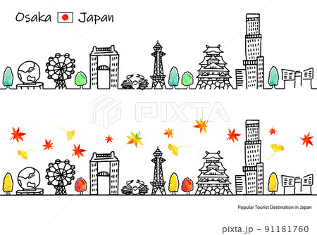 秋の大阪の観光地の街並みのシンプル線画セット(New) 秋の大阪の観光地の街並みのシンプル線画セット(New) 91181760