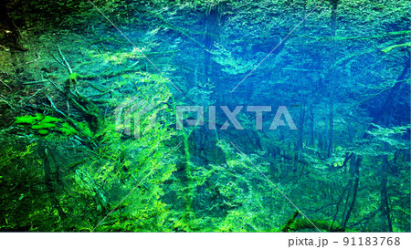 鮮やかなコバルトブルーに輝く神秘的な青池 91183768