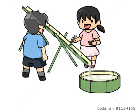 流しそうめんを楽しむ男女のイラスト 91184159