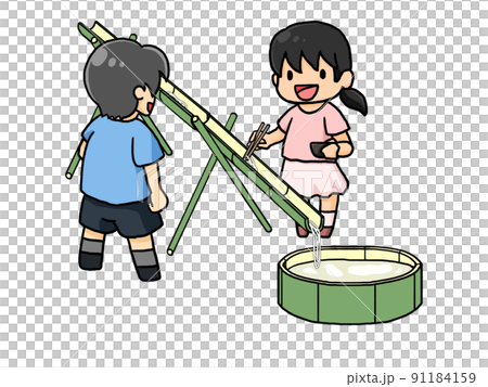 流しそうめんを楽しむ男女のイラスト 91184159