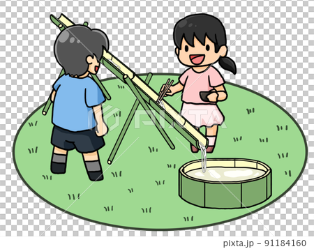 Illustrations of men and women enjoying Nagashi Somen (with ground) 91184160