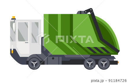 Garbage truck with auto loader. Collection and transportation of solid household and commercial waste. Garbage removal, urban sanitary vehicle. Garbage Ecology and recycle concept Garbage truck with auto loader. Collection and transportation of solid household and commercial waste. Garbage removal, urban sanitary vehicle. Garbage Ecology and recycle concept 91184726